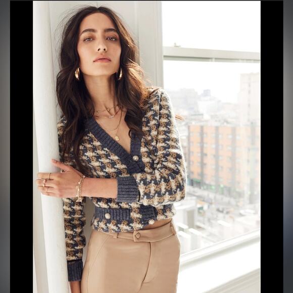 heartloom marlie blue houndstooth v-neck pearl jeweled button cardigan sweater - Picture 6 of 7